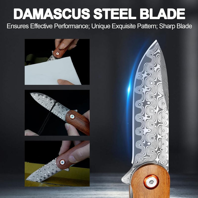 Zingbee Damascus Pocket Knife, 2.95" Damascus Steel Blade Pocket Knives & Folding Knives, Wooden Handles EDC Knife for Women Men - Image 3